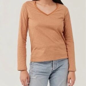 Pact Organic Cotton Smal Striped V-Neck Long Sleeve Burnt Orange Cream Shirt